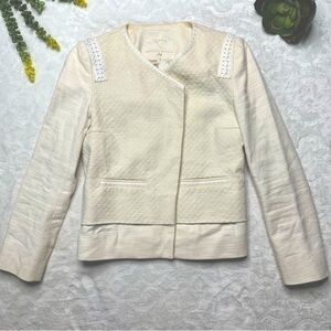 Maje Linen Blend Moto Jacket Blazer With Braided Faux Leather Shoulders in Cream